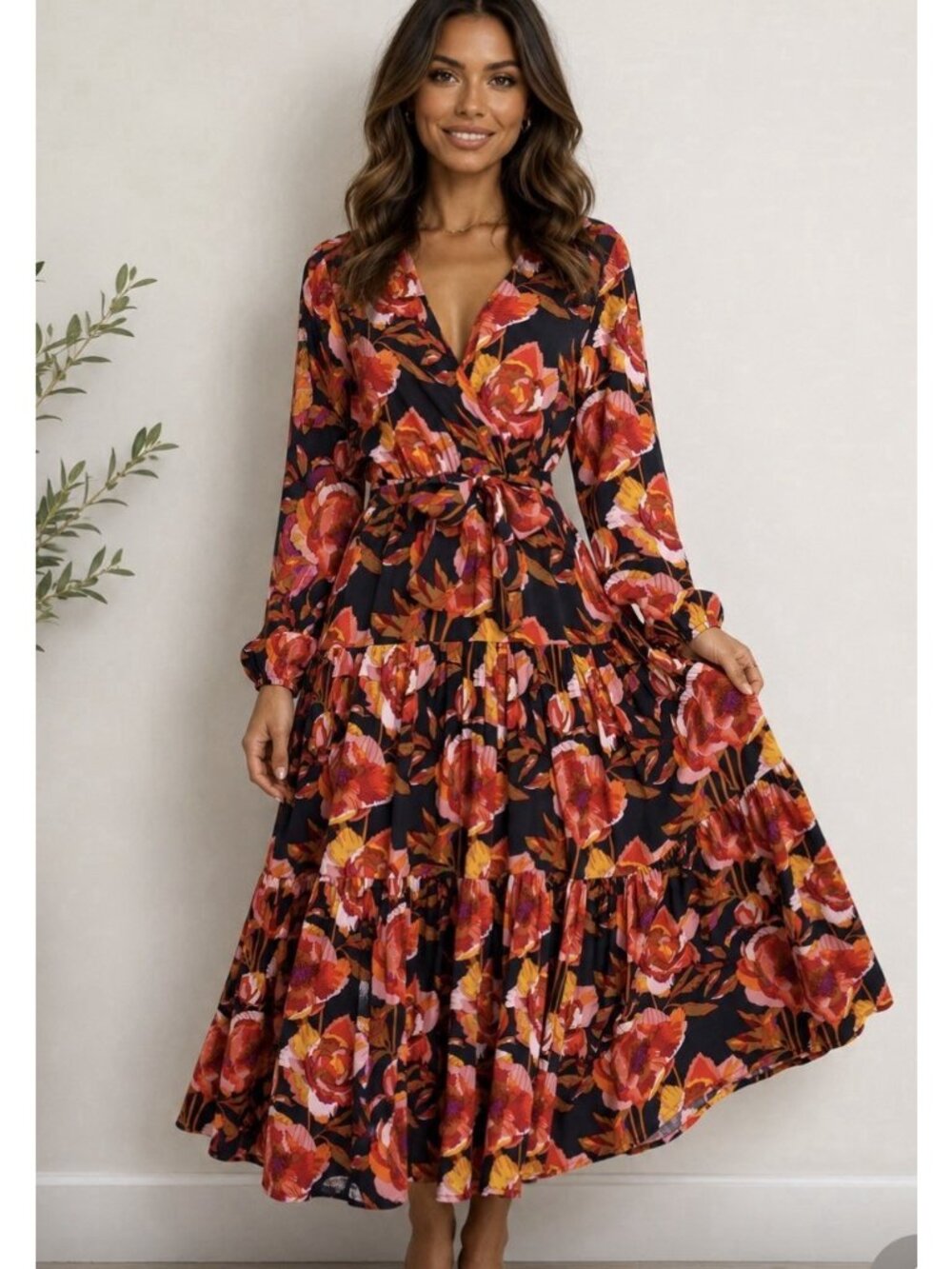 Petal and Pup Dress small  Floral Midi/Maxi Wrap Navy Orange Pink Puff  Sleeve
